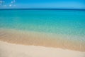 Azure turquoise calm sea, clear blue sky, sandy beach and flat horizon