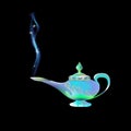 Azure, turquoise magic lamp on background black. Tale. Arabian Fairy tale. Wealth concept. Cartoon vector illustration light blue