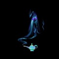 Azure, turquoise magic lamp and silhouette of an Arabic genie on background black. Tale. Cartoon vector illustration light blue co