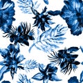 Azure Watercolor Wallpaper. Blue Flower Palm. Navy Seamless Set. Cobalt Pattern Painting. Indigo Tropical Backdrop. Cobalt Isolate