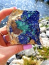 Azurite Malachiten Raw Uncut In Hand Gems Lake Stones Gems River Water Rocks Royalty Free Stock Photo