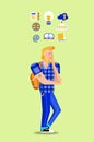 Vector illustration of a blond bearded student with a blue plaid shirt and a backpack whose thoughts are shown as icons