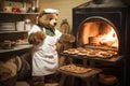 B as baker bear in countryside outfit while baking bread and biscuit in the oven Generative AI