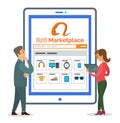 B2b marketplace website at digital tablet, businessman and woman looking through choosing products