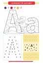 Letter A and funny cartoon alligator. Animals alphabet a-z. Coloring page. Printable worksheet. Handwriting practice. Connect the