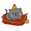 Cute cat siting on bed with orange on head cartoon illustration