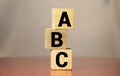 a, b, c - first letters of alphabet in vintage wooden letterpress type blocks, stained by color inks Royalty Free Stock Photo