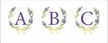 A B C letter. Set modern hand-drawn flat sketch illustrations. Lavender flower wreath with alphabet monogram. good idea