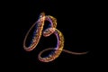 B - The capital letter handwritten made of multicolored luminous circles isolated on black background. Part of Alphabet Royalty Free Stock Photo