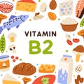 B2 card, vitamin-rich food frame. Natural healthy nutrition enriched with riboflavin. Milk, curd, cheese, bread and