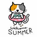 Welcome summer cute cat were bikini and swim ring cartoon illustration doodle style