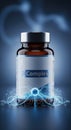 B Complex supplement bottle with glowing neural network energy pulses emanating from its base on a dark blue background Royalty Free Stock Photo