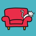 Cute white cat resting on red sofa cartoon vector illustration Royalty Free Stock Photo