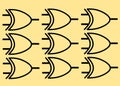 010b. Duplicates of an electrical electronic symbol of a XOR logic gate used in line diagram light yellow beige backdrop Royalty Free Stock Photo