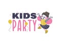 Kids party emblem design with kids party text, air balloons, happy girl jumping isolated on white background. Royalty Free Stock Photo