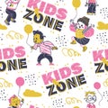 Seamless pattern design with hand drawn multiethnic happy kids smiling, jumping isolated.