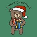 Bear wear Santa hat and bring gift box, Merry Christmas cartoon illustration