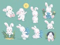 Vector collection of hand drawn cute little rabbit character with air balloon, hole, easter egg, floral decorative element on gree