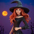 B eautiful witch woman redhead girl in spooky hat.