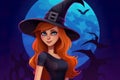 B eautiful witch woman redhead girl in spooky hat.