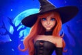 B eautiful witch woman redhead girl in spooky hat. Royalty Free Stock Photo