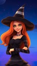 B eautiful witch woman redhead girl in spooky hat.