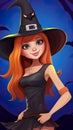 B eautiful witch woman redhead girl in spooky hat. Royalty Free Stock Photo