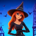 B eautiful witch woman redhead girl in spooky hat.