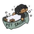 Dachshund dog showering in bathtub pet salon cartoon illustration