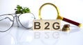 B2G concept on wooden cubes and flower ,glasses ,coins and magnifier on the white background Royalty Free Stock Photo