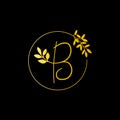 B Gold letter and Gold Leaf logo design. B Letter golden initial luxury Boutique Nature Floral Flower. B Monogram vector design