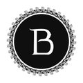 B letter in circle frame in floral ornament style on black color and white background