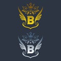 B letter logo. Silver and gold wings symbol.