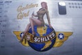 A B24 Liberator bomber is decorated with the Schlitz Golden Girl logo and swastika marks for the number of German planes downed du Royalty Free Stock Photo