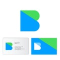 B logo and business card. B flat monogram. Green and blue transparent elements.