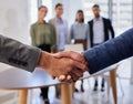 B2b meeting, shaking hands and business people in office for deal, agreement or startup opportunity. Hand shake Royalty Free Stock Photo