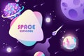 Horizontal space background with abstract shape and planets. Cartoon game backdrop. Web design. Presentation template.