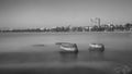 B/W picture of Salou main beach; two ciment pilars bases not in use anymore