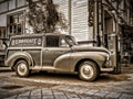 B/W Retro Morris Minor delivery truck outside Ebba`s CafÃÂ© in Borgholm Ãâland Sweden