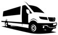 B&W vector illustration of a shuttle bus built from a modern van used to transport passengers from airports to city centers,