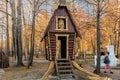 Baba Yaga& x27;s wooden house stands in the park.