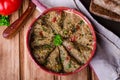 Babaganoush with tomatoes, cucumber and parsley - arabian eggplant dish or salad on wooden background. Selective focus