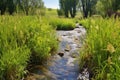 a babbling brook through a meadow