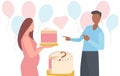 Babe gender reveal Anouncement party. Pregnant woman hold a piece of pink cake for baby shower party. Her husband is happy Royalty Free Stock Photo