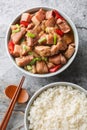 Babi kecap is an Indonesian braised pork with sweet soy sauce kecap manis served with rice closeup. Vertical top view Royalty Free Stock Photo