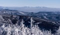 Babia hora and Pilsko hills from Lysa hora hill in winter Moravskoslezske Beskydy mountains in Czech republic