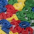 Early Childhood Education , Colorful plastic one to ten number sets in Red, Blue, Green and Yellow colors. in white background. Royalty Free Stock Photo