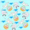 Flying storks with born babies cute print pattern.