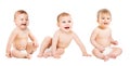 Babies group in Diapers, Happy Infant Kids, Toddlers Children Sitting on White