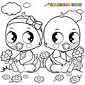 Babies playing outdoors. Vector black and white coloring page.